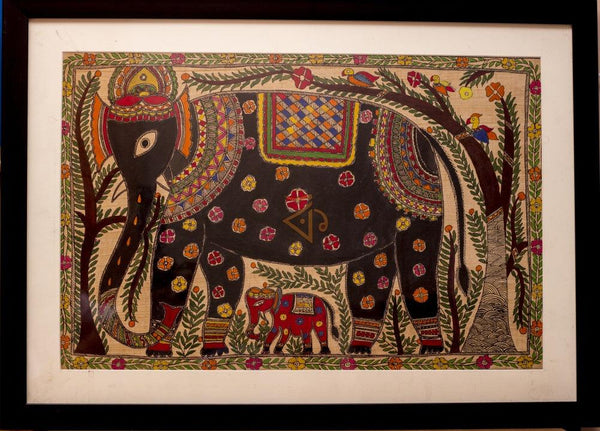 Folk Art madhubani traditional art titled 'Elephant 2 Madhubani Painting', 14x21 inches, by artist Kalaviti Arts on Cloth