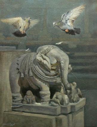 Nature oil painting titled 'Elephant And Pigeon', 52x17 inches, by artist Uday Farat on Canvas