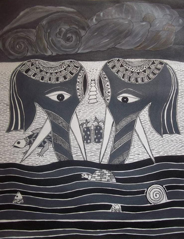 Animals acrylic painting titled 'Elephant Couple', 24x24 inches, by artist Preeti Das on Canvas