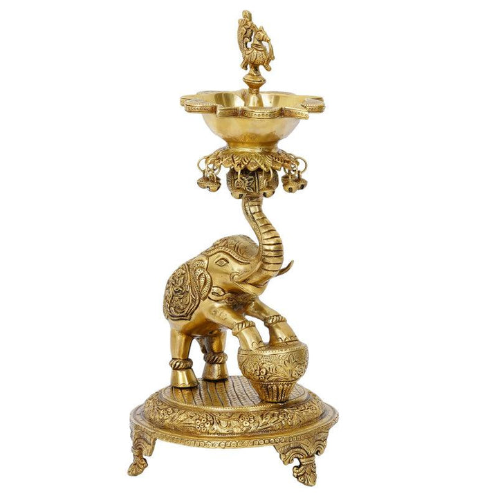 Religious handicraft titled 'Elephant Diya Stand For 5 Wicks', 18x8x8 inches, by artist Brass Handicrafts on Brass