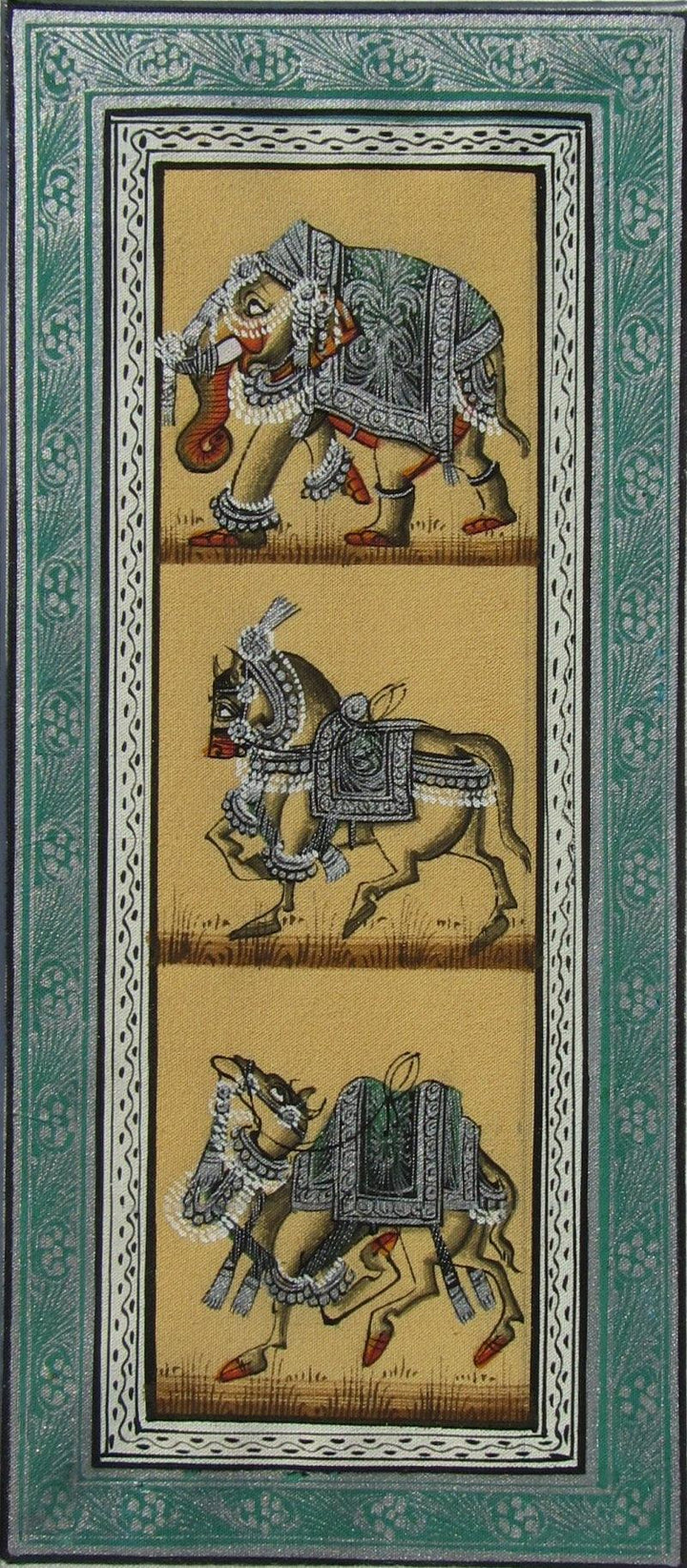 Animals mughal traditional art titled 'Elephant Horse And Camel', 7x3 inches, by artist E Craft on Silk