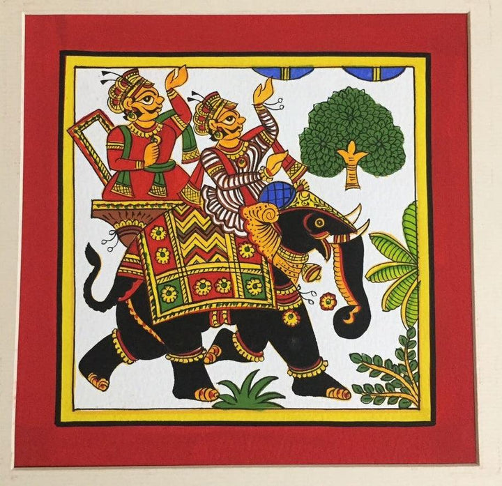 Figurative phad traditional art titled 'Elephant Procession', 12x12 inches, by artist Unknown on Cloth