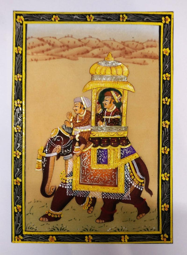 Folk Art watercolor painting titled 'Elephant procession during royal times', 5x7 inches, by artist Unknown on silk