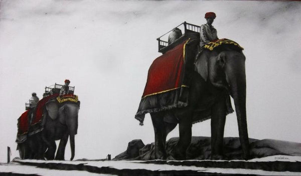 Animals charcoal drawing titled 'Elephant Ride', 30x52 inches, by artist Yuvraj Patil on Canvas