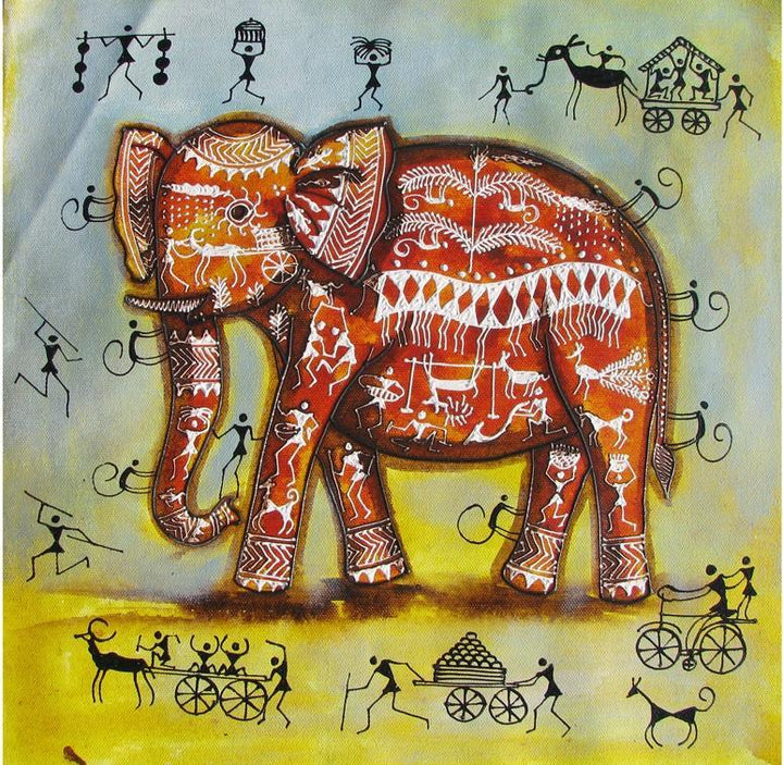 Animals acrylic painting titled 'Elephant Tribal Painting I', 16x16 inches, by artist Pradeep Swain on Canvas