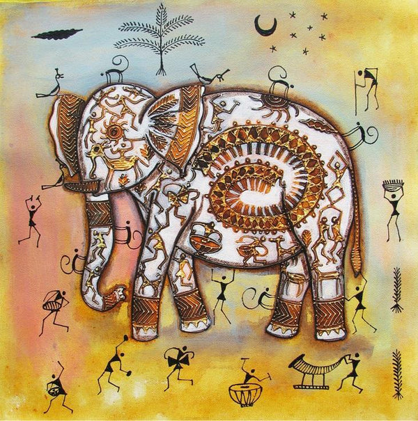 Animals acrylic painting titled 'Elephant Tribal Painting Ii', 16x16 inches, by artist Pradeep Swain on Canvas