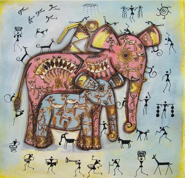 Animals acrylic painting titled 'Elephant With Baby Tribal Painitng Blue', 16x16 inches, by artist Pradeep Swain on Canvas