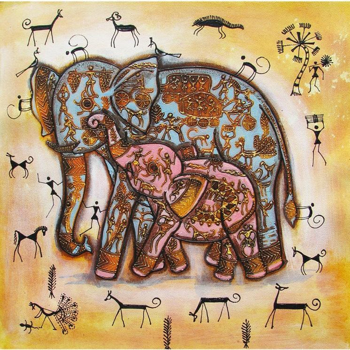 Animals acrylic painting titled 'Elephant With Baby Tribal Painitng Yellow', 16x16 inches, by artist Pradeep Swain on Canvas