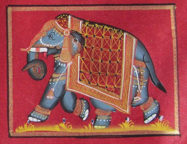 Animals miniature traditional art titled 'Elephant With Trunk Down', 3x4 inches, by artist Unknown on Silk