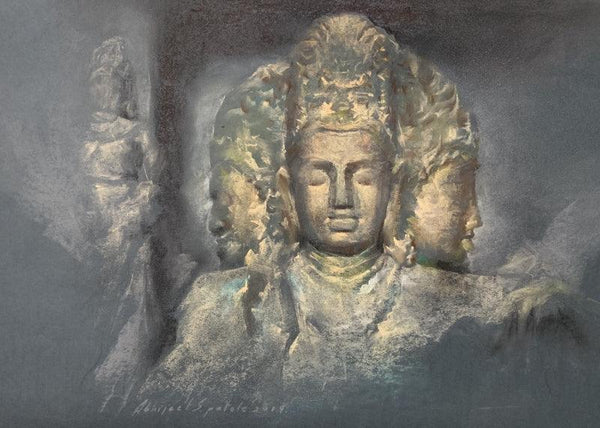 Religious soft pastel drawing titled 'Elephanta', 36x48 inches, by artist Abhijeet Patole on Paper