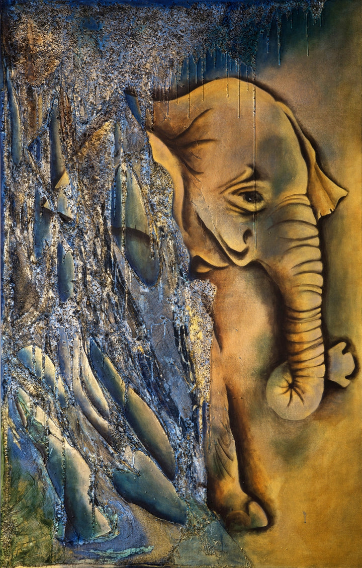 Animals mixed-media painting titled 'Elephantine Expression 2', 84x54 inch, by artist Ruchi Singhal on Canvas