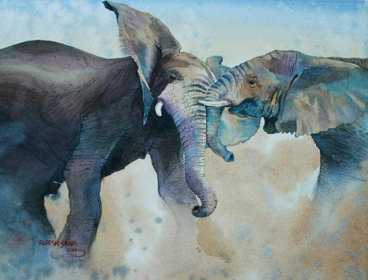 Animals watercolor painting titled 'Elephants', 11x14 inches, by artist Rupesh Sonar on Paper