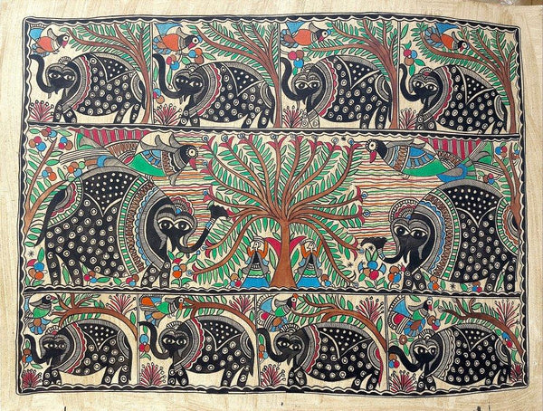 Folk Art madhubani traditional art titled 'Elephants In The Jungle', 22x30 inches, by artist Chano Devi on Handmade Paper