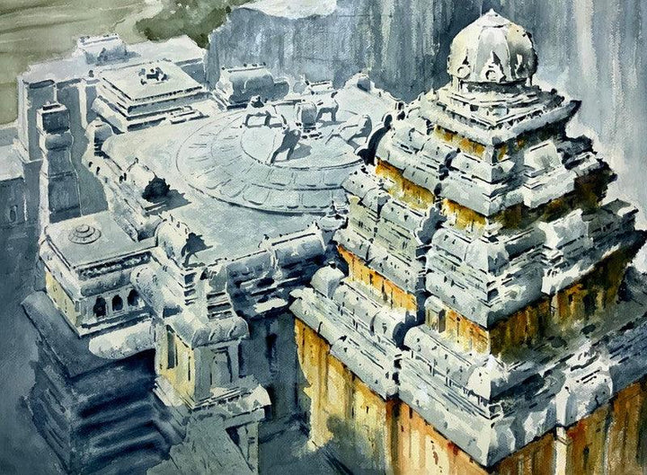 Religious watercolor painting titled 'Ellora 1', 22x30 inches, by artist Yojana Dehankar on Arches Paper