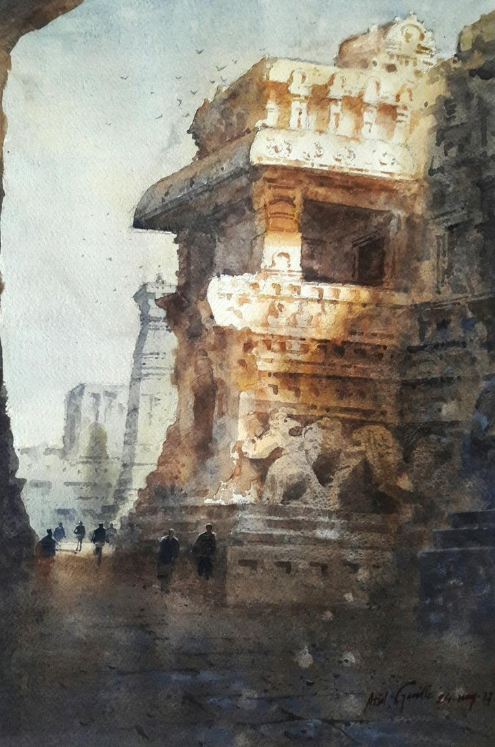 Cityscape watercolor painting titled 'Ellora 2', 15x22 inches, by artist Atul Gendle on Paper