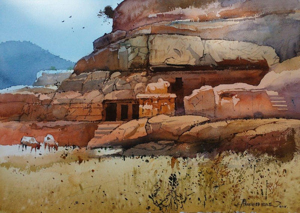 Landscape watercolor painting titled 'Ellora Cave 4', 14x31 inches, by artist NanaSaheb Yeole on Paper