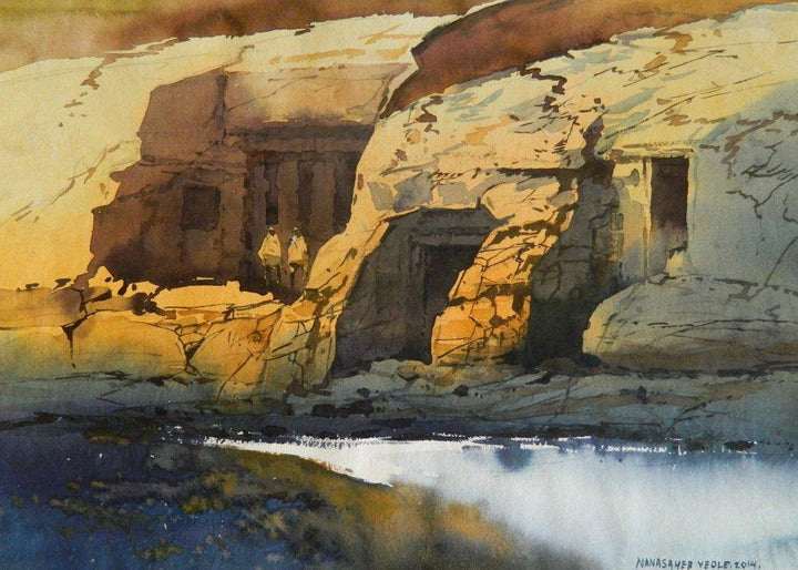 Landscape watercolor painting titled 'Ellora Cave', 14x21 inches, by artist NanaSaheb Yeole on Paper