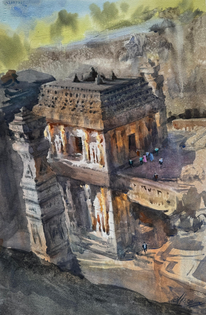 Cityscape watercolor painting titled 'Ellora Caves', 22x15 inch, by artist Achintya Hazra on Paper