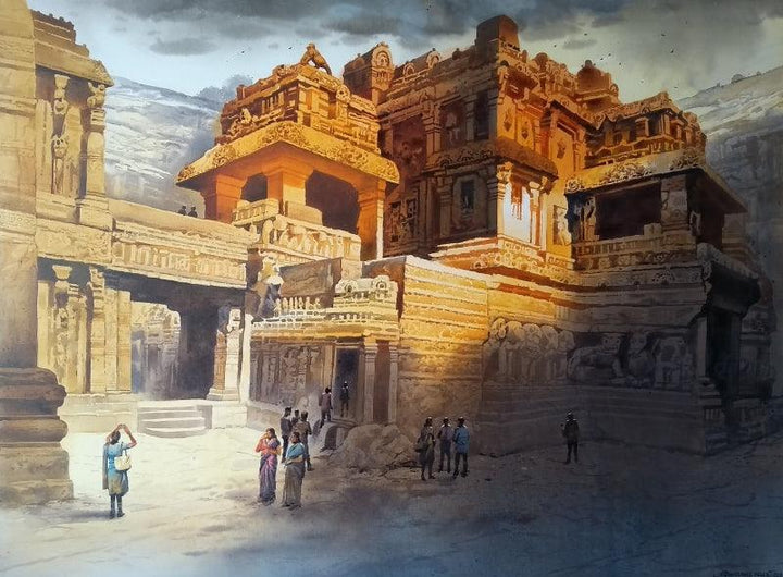 Cityscape acrylic painting titled 'Ellora Caves 3', 36x48 inches, by artist NanaSaheb Yeole on Canvas