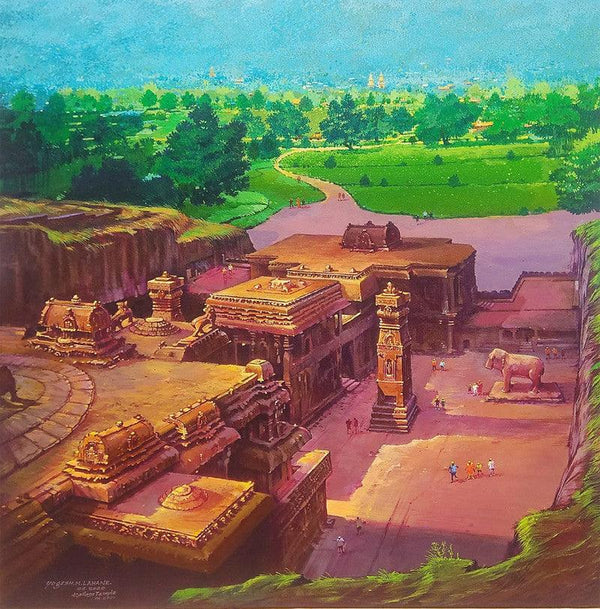 Cityscape acrylic painting titled 'Ellora Caves', 36x36 inches, by artist Yogesh Lahane on Canvas