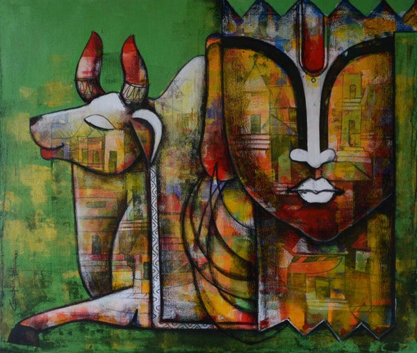 contemporary mixed media painting titled 'Emotional attachment', 36x42 inches, by artist Anupam Pal on canvas