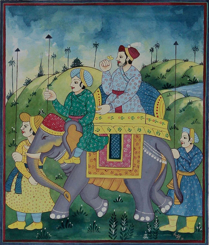 Figurative watercolor painting titled 'Emperor riding elephant', 12x10 inches, by artist Radhika Ulluru on Paper