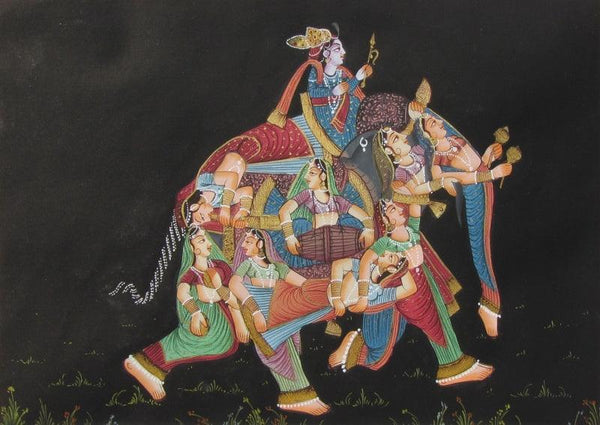 Figurative mughal traditional art titled 'Emperor With Women', 8x11 inches, by artist E Craft on Silk