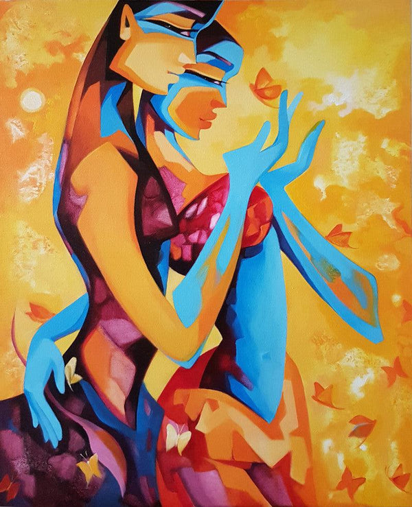 Figurative acrylic painting titled 'Enamored 2', 33x27 inches, by artist Laxmi Mysore on Canvas