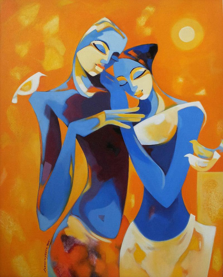 Figurative acrylic painting titled 'Enamored', 30x24 inches, by artist Laxmi Mysore on Canvas