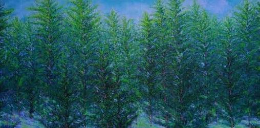 Nature oil painting titled 'Enchanted Pines', 36x72 inches, by artist Pardeep Singh on Canvas