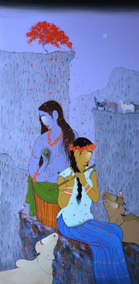 Religious acrylic painting titled 'Enchanting', 48x24 inches, by artist Sanjay M Khochare on Canvas