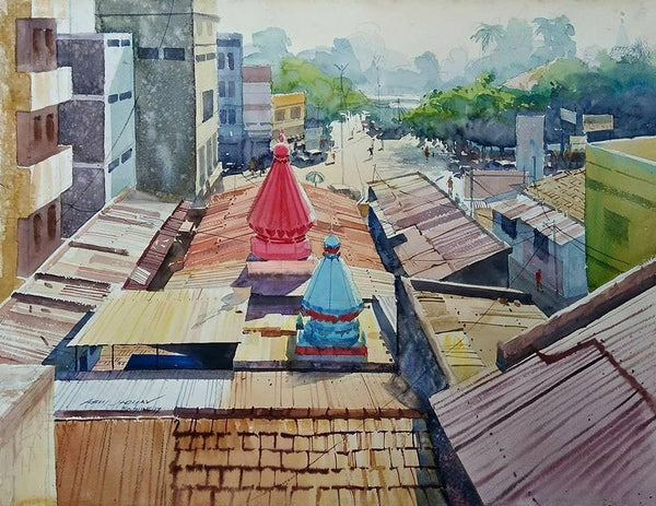 Cityscape watercolor painting titled 'Enchanting Temple', 24x30 inches, by artist Abhijit Jadhav on Paper