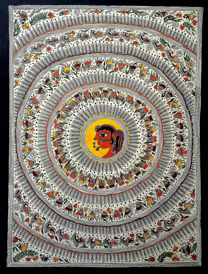 Folk Art madhubani traditional art titled 'Encircled Woman', 30x22 inches, by artist Anju Devi on Handmade Paper