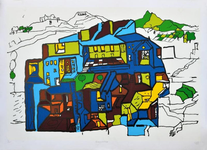 Cityscape serigraphs painting titled 'Encounters 2', 31x43 inches, by artist B. V. Doshi on Paper