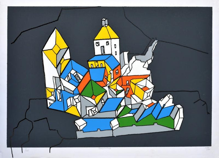 Cityscape serigraphs painting titled 'Encounters', 31x43 inches, by artist B. V. Doshi on Paper