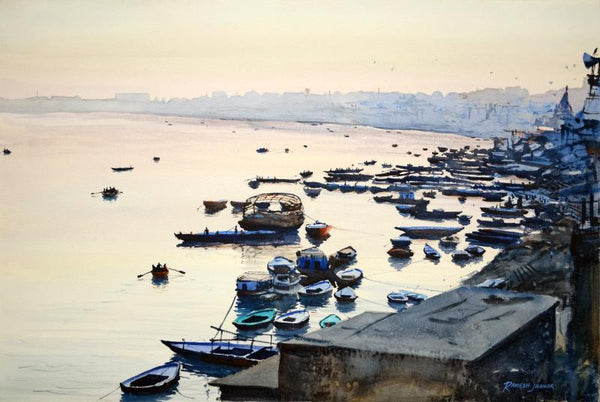 Seascape watercolor painting titled 'End Of The Day', 20x15 inches, by artist Ramesh Jhawar on Paper