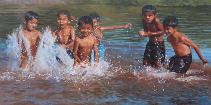 Figurative oil painting titled 'Energy Overload', 30x60 inches, by artist Manoj Deshmukh on Canvas