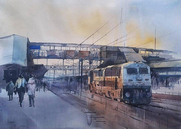 Cityscape watercolor painting titled 'Engine', 22x29 inches, by artist Bijay Biswaal on Paper