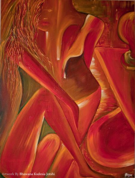 Impressionist oil painting titled 'Enigma The Mysterious Side Of A Woman', 41x31 inches, by artist Bhawna Jotshi on Canvas