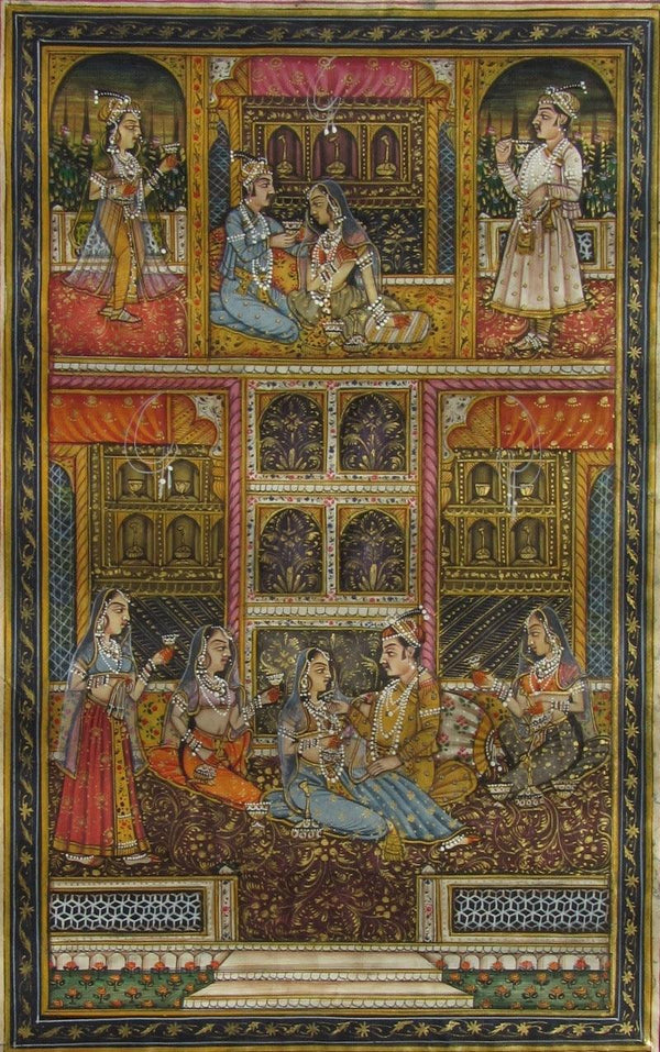 Figurative mughal traditional art titled 'Enjoyable Mughal Love Scene', 9x6 inches, by artist Unknown on Paper