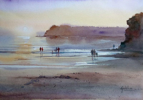 Seascape watercolor painting titled 'Enjoying The Evening', 18x13 inches, by artist Gulshan Achari on Paper