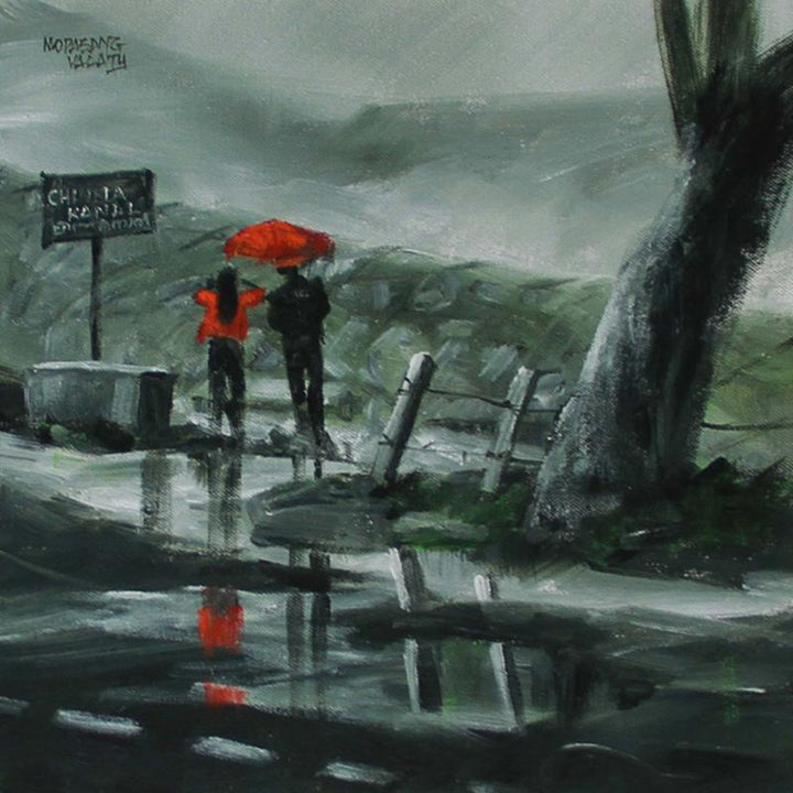 Scenic acrylic painting titled 'Enjoying The Rain', 36x24 inches, by artist Mopasang Valath on Canvas