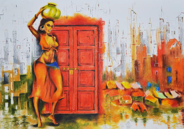 Figurative oil pastel painting titled 'Enter At Your Own Risk', 25x36 inches, by artist Tejinder Ladi  Singh on Paper