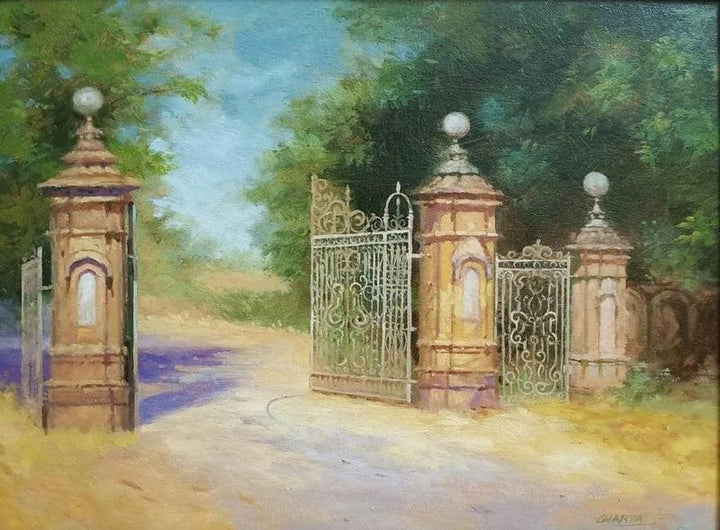 Landscape oil painting titled 'Entrance', 12x16 inches, by artist Mohan Charya on Canvas