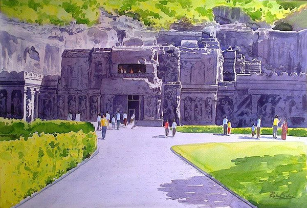 Place watercolor painting titled 'Entrance Of Ellora Caves', 22x15 inches, by artist Rahul Salve on Paper