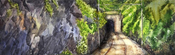 Landscape watercolor painting titled 'Entrance Size', 14x28 inches, by artist Ramdas Thorat on Paper