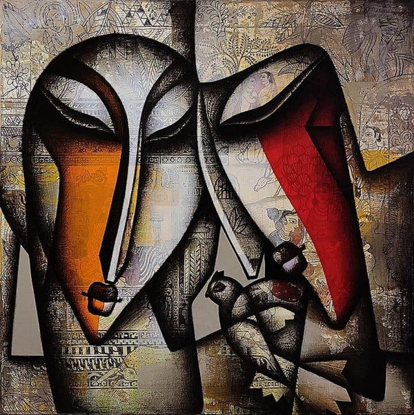 Figurative acrylic charcoal painting titled 'Entwined Heart', 36x36 inches, by artist Jagannath Paul on Canvas