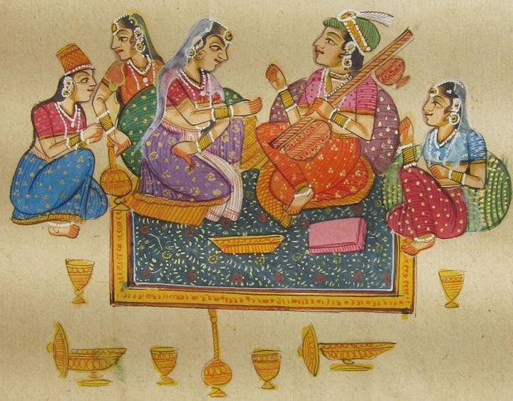 Figurative mughal traditional art titled 'Erotic Mughal Love Scene', 8x7 inches, by artist Unknown on Paper