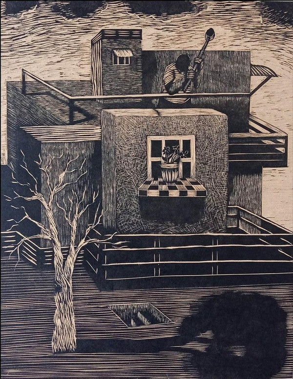 contemporary printmaking titled 'Escape', 14x10 inches, by artist Neeraj Khandka on MDF Board