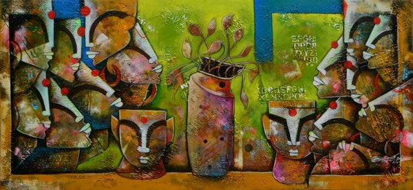 contemporary mixed media painting titled 'Eternal Bonding 4', 30x66 inches, by artist Anupam Pal on Canvas